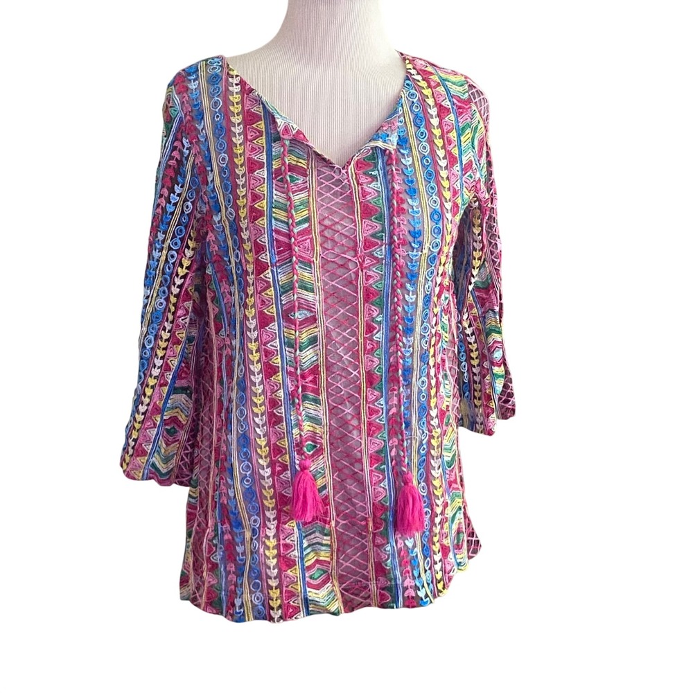Ali Miles shirt Boho Embroidered Mesh Tunic Top Multi Color boho Festival